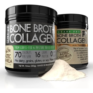 PaleoPro Bone Broth Collagen w/Turmeric Root (Aztec Vanilla) Grass-Fed & Pastured Beef Collagen | Gluten Free, Dairy Free, No Sugar, Soy, Grains or Net Carbs |Paleo & Keto Friendly (20 Servings)