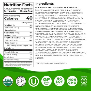 Orgain Organic Greens Powder + 50 Superfoods, Original - 1 Billion Probiotics for Digestive Health, Antioxidants, Vegan, Plant-Based, Gluten-Free, Non-GMO, Green Juice & Smoothie Drink Mix - 0.62lb