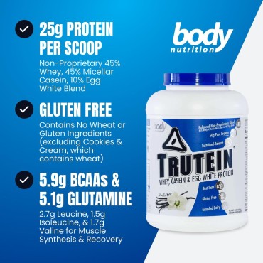 Body Nutrition Trutein High Protein Powder: 45% Whey, 45% Casein, 10% Egg White Protein Shake Mix, Gluten-Free, Low Sodium, Low Carb Protein Supplement Powder for Men & Women, Vanilla Bean, 4lb