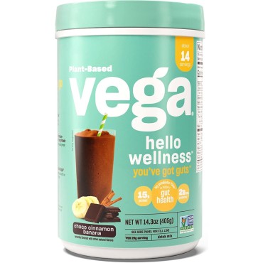 Vega Hello Wellness You’ve Got Guts Blender Free Smoothie, Choco Cinnamon Banana - Plant Based Vegan Protein Powder, 5g Prebiotic Fiber, 0g Added Sugar, 14.3 oz (Packaging May Vary)