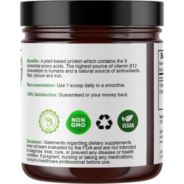 Water Lentil Protein Powder | Best Source of B12 Vitamin | aka Duckweed | with Organic Chlorella | Sugar Free | Rapid Energy Booster | Sustainably Farmed | 100% Recyclable 10oz Jar