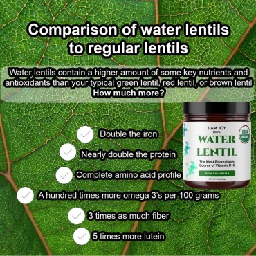 Water Lentil Protein Powder | Best Source of B12 Vitamin | aka Duckweed | with Organic Chlorella | Sugar Free | Rapid Energy Booster | Sustainably Farmed | 100% Recyclable 10oz Jar