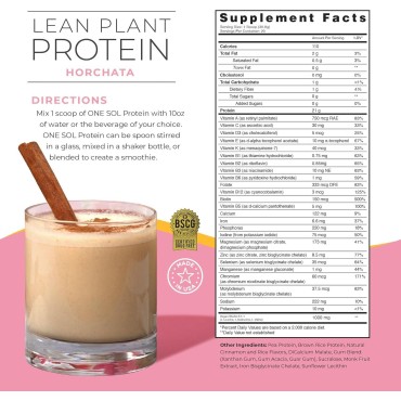 One Sol Lean Plant Protein Powder Horchata, Low Carb, Gluten Free, Lactose-Free, No Sugar Added, Soy Free, Non-GMO, 100% Plant-Based & Vegan Friendly