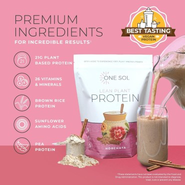 One Sol Lean Plant Protein Powder Horchata, Low Carb, Gluten Free, Lactose-Free, No Sugar Added, Soy Free, Non-GMO, 100% Plant-Based & Vegan Friendly