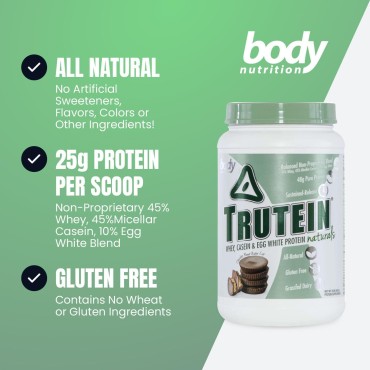 Body Nutrition Trutein Naturals, Whey, Casein & Egg White Protein Powder without Artificial Sweeteners, Gluten-Free Keto Protein Powder, Post-Workout Meal Shake, Chocolate Peanut Butter Cup, 2 lb