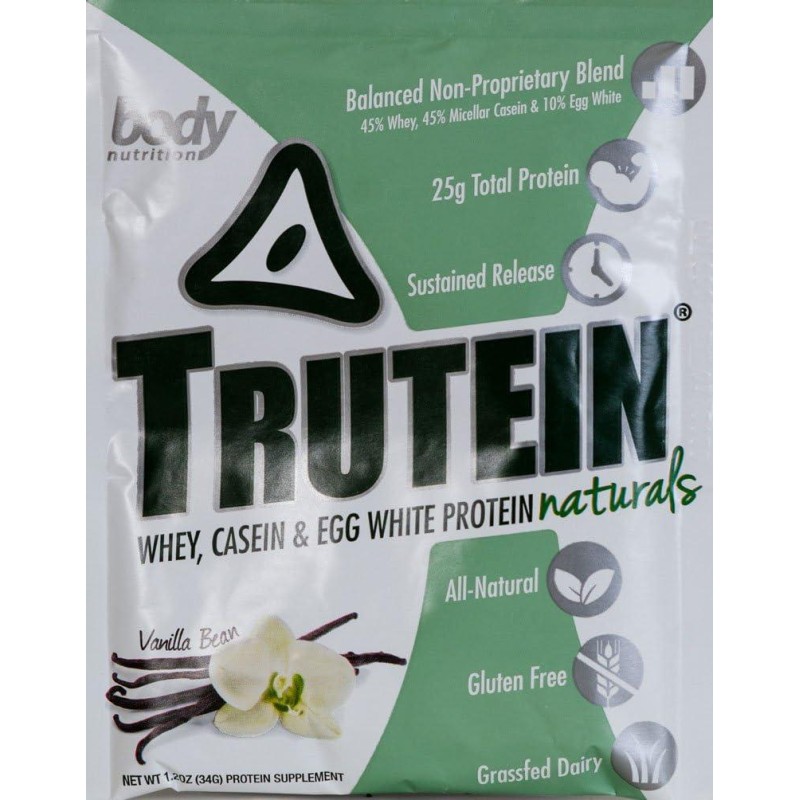 Body Nutrition Trutein Naturals Vanilla Bean Protein Blend Sample 34g Natural Grass Fed Protein Shakes/Shake, Meal Replacement Drink Mix, Post Workout Recovery Shake Powder, Breakfast Shake