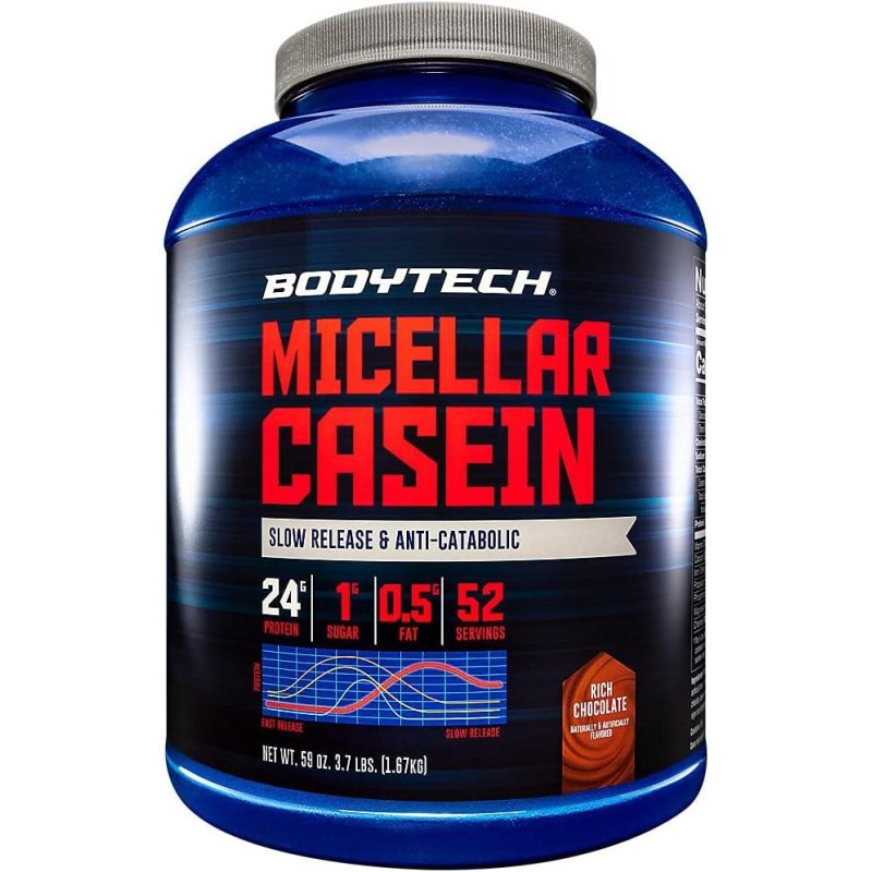 BodyTech Micellar Casein Protein Powder, Slow Release for Overnight Muscle Recovery - 24 Grams of Protein per Serving - Rich Chocolate (4 Pound)