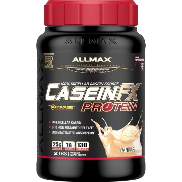 ALLMAX CASEIN-FX Protein, Vanilla - 2 lb - 25 Grams of Slow-Release Protein Per Scoop - Low Carb & Zero Added Sugar - Approx. 27 Servings