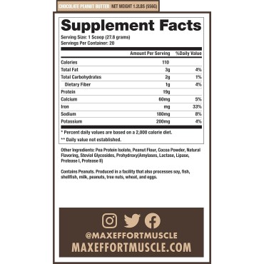 MAX EFFORT Plant Protein Powder, 19 G Pea Protein, Plant Based, Gluten Free, Low Carb, Protein Shake or Smoothie Mix, Meal Replacement, No Whey, No Sugar Substitutes, Chocolate Peanut Butter, 20 Srvg