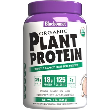 Bluebonnet Nutrition Organic Plant Protein - 18g Protein, 3.5g Fiber – Chia, Quinoa & More - Non-GMO, Vegan, Kosher, USDA Organic, No Sugar Added – Free of Gluten, Soy & Milk - 1 LB, Chocolate Flavor