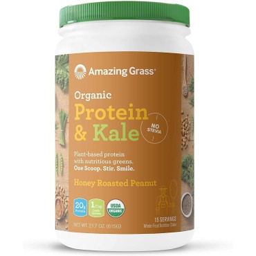 Amazing Grass | Protein & Kale - Organic, Plant-Based, 1 Cup Nutritious Leafy Greens, No Stevia, No Gluten, No Dairy, Non GMO, 20g Protein | Honey Roasted Peanut, 615g