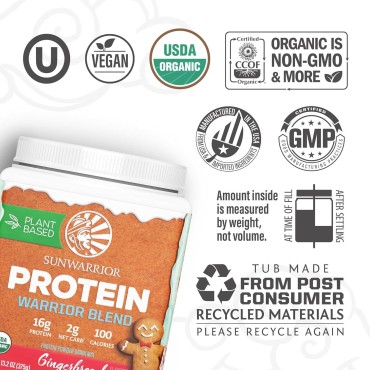 Sunwarrior Vegan Organic Protein Powder Plant-Based Protein USDA| BCAA Amino Acids Hemp Seed Soy Free Dairy Free Gluten Free Synthetic Free Non-GMO | Gingerbread Flavored 15 Servings | WarriorBlend