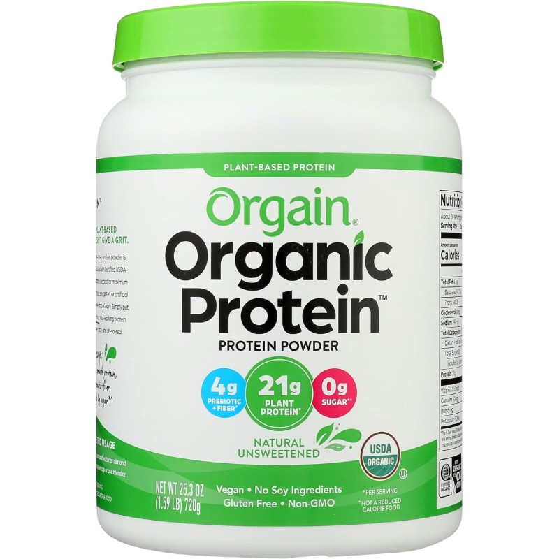 Orgain Organic Plant-Based Protein Powder, Natural Unsweetened, USDA Certified Organic, Vegan, Gluten Free & Non-GMO, 25.3 Ounce