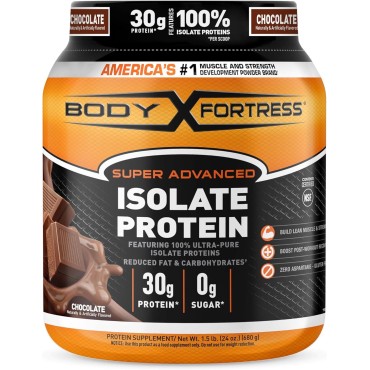 Body Fortress Super Advanced Isolate Protein, Chocolate Protein Powder Supplement Low Reduced Fat &, Low Carbohydrates, Low Sugar 1-1.5lb. Jar, Pack of 1