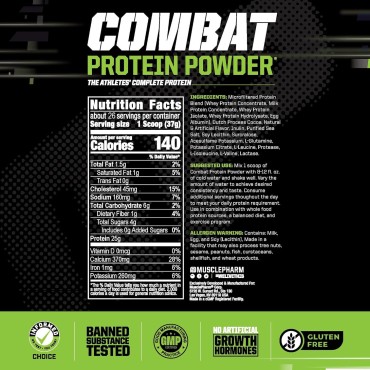 MusclePharm Combat Protein Powder, Chocolate Milk Flavor, Fuels Muscles for Productive Workouts, 5 Protein Sources Including Whey Protein Isolate & Egg Albumin, Gluten Free, 2 lb, 26 Servings