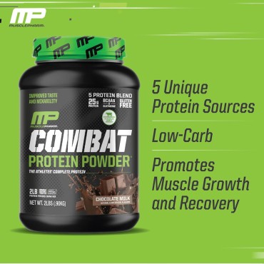 MusclePharm Combat Protein Powder, Chocolate Milk Flavor, Fuels Muscles for Productive Workouts, 5 Protein Sources Including Whey Protein Isolate & Egg Albumin, Gluten Free, 2 lb, 26 Servings