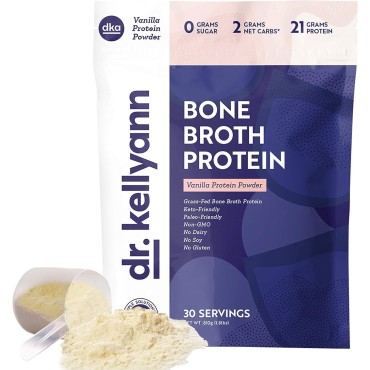 Dr. Kellyann Bone Broth Protein Powder, Vanilla (30 Servings) - Protein 21g, 2g Net Carbs - Grass Fed Hydrolyzed Collagen - Sugar Free, Gluten Free, Dairy Free, Paleo, Keto Protein Shakes