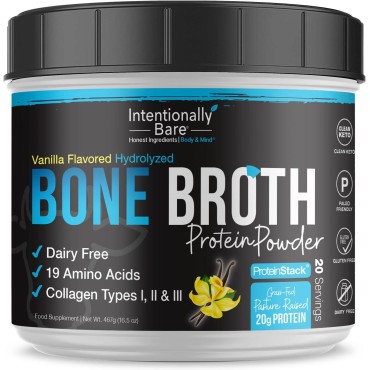 Intentionally Bare Bone Broth Organic Protein Powder Vanilla - Grass Fed Vanilla Protein with Collagen Types 1 2 & 3 - Keto Collagen Powder - Vanilla Collagen Powder for Joints & Gut - 20 Servings