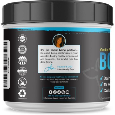 Intentionally Bare Bone Broth Organic Protein Powder Vanilla - Grass Fed Vanilla Protein with Collagen Types 1 2 & 3 - Keto Collagen Powder - Vanilla Collagen Powder for Joints & Gut - 20 Servings