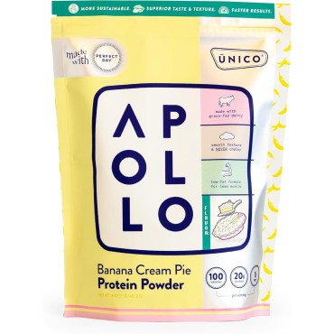 Unico Apollo Banana Cream Pie Protein Powder - 20g Whey, Casein, Egg White Formula | Keeps You Full for 6 Hours | Decadent Flavor & Non-Chalky Texture | 100 cals per Serving