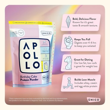 Unico Apollo Banana Cream Pie Protein Powder - 20g Whey, Casein, Egg White Formula | Keeps You Full for 6 Hours | Decadent Flavor & Non-Chalky Texture | 100 cals per Serving