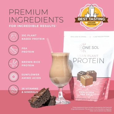 One Sol Lean Plant Protein Powder Chocolate Sea Salt, Low Carb, Gluten Free, Lactose Free, No Sugar Added, Soy Free, Non-GMO, 100% Plant Based & Vegan Friendly