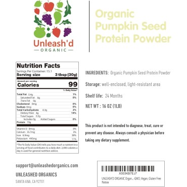 UNLEASH'D ORGANIC Organic Pumpkin Seed Protein Powder 16 oz Enhances Immune System Function Organic Plant-Based Protein Powder No Artificial Sweeteners Non-GMO Vegan