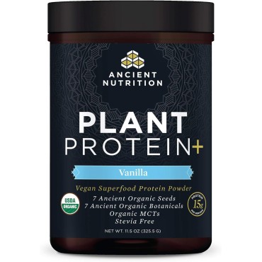 Ancient Nutrition Organic Plant Protein +, Vegan Plant Based Protein Powder, Vanilla, Formulated by Dr. Josh Axe, Dairy-Free, Gluten-Free, Non-GMO, No Sugar Added, Paleo Friendly Supplement 11.5 oz