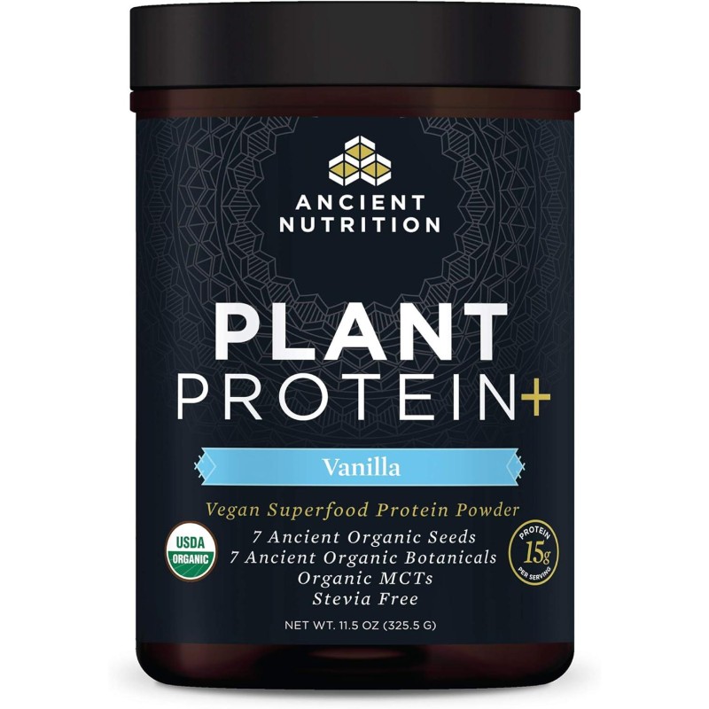 Ancient Nutrition Organic Plant Protein +, Vegan Plant Based Protein Powder, Vanilla, Formulated by Dr. Josh Axe, Dairy-Free, Gluten-Free, Non-GMO, No Sugar Added, Paleo Friendly Supplement 11.5 oz