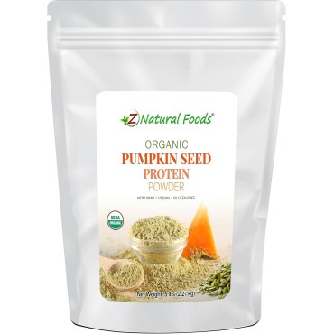 Z Natural Foods Organic Pumpkin Seed Protein Powder, Nutrient-Rich Fiber Supplement, Promotes Healthy Hair and Skin, Ideal for Smoothies, Juices, and Dishes, Vegan, Gluten-Free, Non-GMO, 5 lb