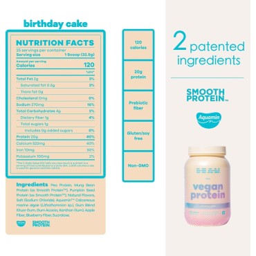 BEAM Be Amazing Vegan Protein Powder | 20g Plant-Based Protein with Prebiotics Fibers | Sugar-and-Gluten-Free Shake Mix, Low Carb, Non-Dairy Funfetti Smoothie | Birthday Cake, 25 Servings