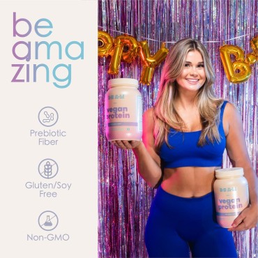 BEAM Be Amazing Vegan Protein Powder | 20g Plant-Based Protein with Prebiotics Fibers | Sugar-and-Gluten-Free Shake Mix, Low Carb, Non-Dairy Funfetti Smoothie | Birthday Cake, 25 Servings