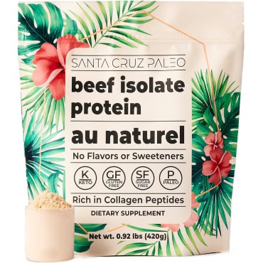 Santa Cruz Paleo Beef Isolate Protein Powder, Au Naturale, Rich in Collagen Peptides, Gluten Free, Keto, Sugar Free, Paleo, Grass Fed, 20g Protein Per Servngs, Low Calorie, Clean Ingredients, 0.92 Lbs