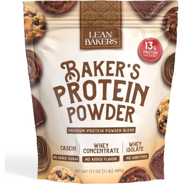 Baker's Protein Powder Pure Natural Protein Blend, Whey Isolate, Whey Concentrate, Casein, Gluten Free, no sweeteners, Unflavored, 17.1 oz, for Baking high Protein Low Calorie Snacks