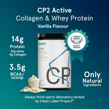 Puori Whey Protein Powder with Collagen, CP2 Active, Pasture Raised, Grass-Fed & Non-GMO - 100% Natural and Pure for Muscle Growth - 14.8G Protein 0.88lbs