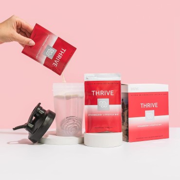 Le-Vel Thrive 2.0 Premium Strawberry Protein Shake for Men & Women | Strawberry Protein Powder Mix Fills Nutritional Gaps | Gluten Free High Calorie Protein Shake 16 Packets (Single Serves)