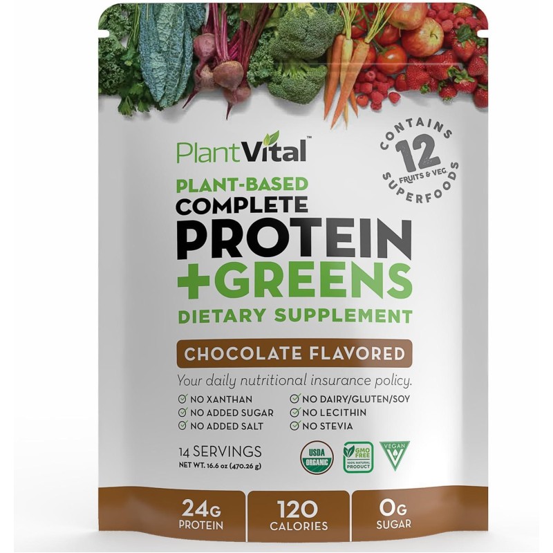 PlantVital Vegan Protein Powder Plant Based, Organic Protein Powder Chocolate, 24g/0g sugar, 12 Superfoods, Veggies, Probiotics, Raw Cocoa, Kale, Beets, Spirulina, Pea, Gluten-Free, Keto-Friendly,16oz