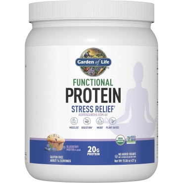 Garden of Life Functional Protein Stress Relief - 20g Organic Sprouted & Fermented Protein Blend - Blueberry Muffin, Mood Blend for Stress Management, Ashwagandha KSM-66, Vegan About 14 Servings