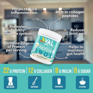 VAL Chicken Bone Broth Powder Protein, 22g Protein, 12g Collagen, 8g Inulin, Pea Protein & MCT Oil, Supports Healthy Skin, Gut Health, Joint Supplement, Gluten Free, 16 Servings