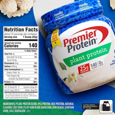 Premier Protein Powder Plant Protein, Vanilla, 25g Plant-Based Protein, 0g Sugar, Gluten Free, No Soy or Dairy Ingredients, 15 Servings