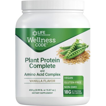 Life Extension Wellness Code Plant Protein Complete & Amino Acid Complex (Vanilla), Plant-Based Protein Powder Plus branched-Chain Amino acids, Gluten-Free, Non-GMO, Vegetarian, 450 Grams