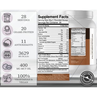 Stellar Labs Vegan Protein Powder with BCAA's & Antioxidants | Certified Low FODMAP, Non GMO, Gluten Free, Soy Free, Low Carb, with Stevia | Lean Plant Based Protein Powder Shakes | Chocolate