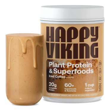 Happy Viking Iced Coffee Protein Powder, Created by Venus Williams, 20G Protein, Low Carb, Keto, Vegan, Gluten-Free, Non-GMO, Superfoods, Complete Meal Replacement, 1 Canister (24 oz.)