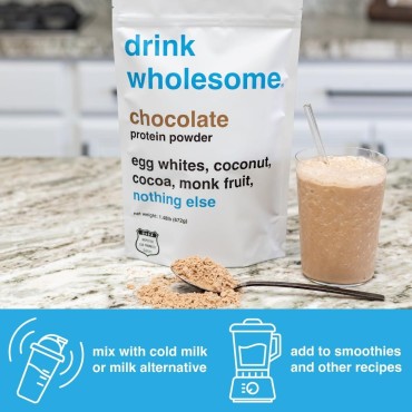 drink wholesome Chocolate Egg White Protein Powder | for Sensitive Stomachs | Gut Friendly | Dairy & Lactose Free | No Artificial Sweeteners | Carnivore & Paleo | for Kids & Seniors | 28 Servings