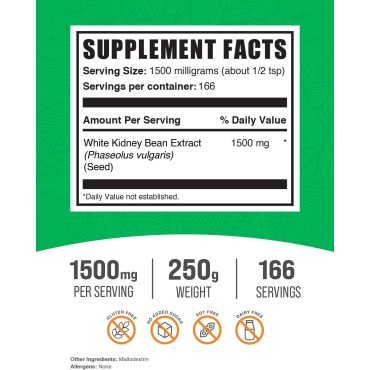 BulkSupplements.com White Kidney Bean Extract Powder - White Kidney Bean Powder, Herbal Supplement - Gluten Free, 1500mg per Serving, 250g (8.8 oz) (Pack of 1)