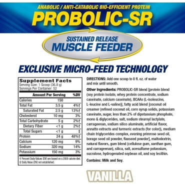 Maximum Human Performance Probolic-SR Sustained Release Protein Powder, 24g Protein, BCAAs, Glutamine, Arginine, Pre-Workout, Post-Workout, Nighttime Protein, 4lbs, 52 Servings, Vanilla