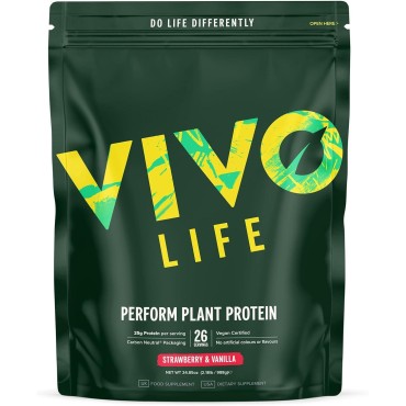 Vivo life Perform Plant Protein Powder - Strawberry & Vanilla, Vegan, 26 Servings - 2.17lb, BCAA Pea & Hemp Blend, Gluten & Soy Free