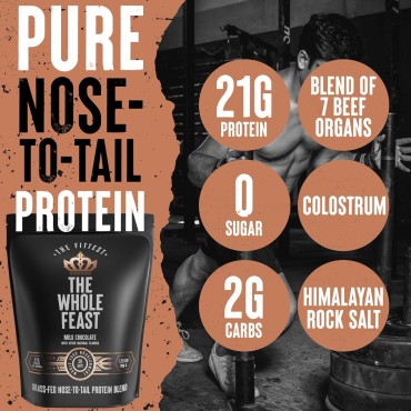 The Fittest Whole Feast Beef Protein Powder - Milk Chocolate - Nose to Tail Carnivore Blend Including Liver, Colostrum and Whole Bone - BCAAs - 14g Collagen, 21g Total Protein