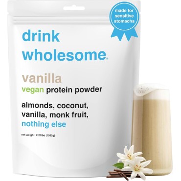 drink wholesome Vegan Vanilla Almond Protein Powder | for Sensitive Stomachs | Gut Friendly | No Artificial Sweeteners | No Sucralose | No Stevia | Low Sodium | for Kids & Seniors | 28 Servings