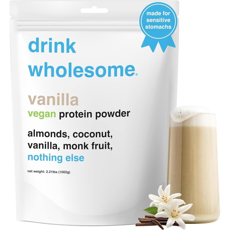 drink wholesome Vegan Vanilla Almond Protein Powder | for Sensitive Stomachs | Gut Friendly | No Artificial Sweeteners | No Sucralose | No Stevia | Low Sodium | for Kids & Seniors | 28 Servings